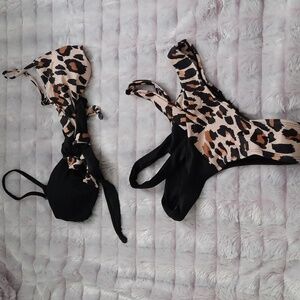 Jaezziy 2 Piece Leopard Print Adjustable Top Cutout High Cut Bikini Size Small